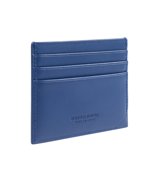 Image 2 of 3 - BLUE - BOTTEGA VENETA Intrecciato Stamp Credit Card Case featuring credit card case in calf leather with embossed Intrecciato pattern, three card slots and one central pocket. 3.1" x 4.1" x 0.2". Calfskin. Made in Italy.  
