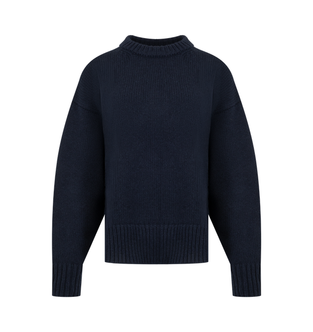 Image 1 of 2 - NAVY - The Row women's Oversized crewneck sweater in midweight wool and cashmere with ribbed neckline, cuffs, and hem, bell-shaped sleeves, and signature center back detail. 65% Wool, 35% Cashmere. Made in Italy. 