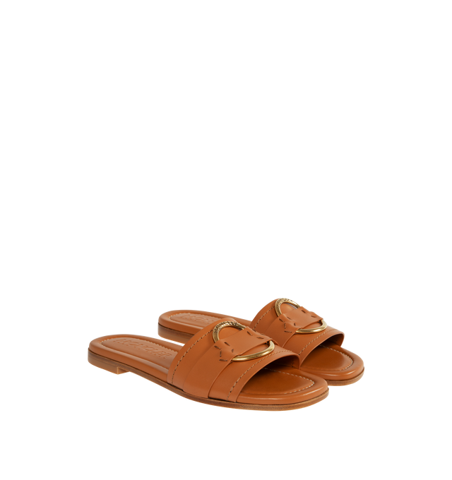 Image 2 of 4 - BROWN - MONCLER Bell Slide Shoes featuring leather upper, slip on and gold-colored metal logo ring detail. 100% leather. 