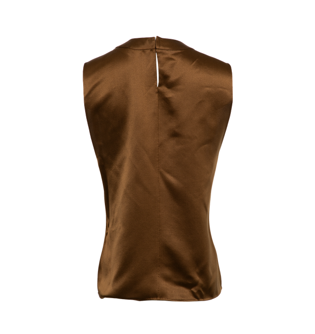 Image 2 of 3 - BROWN - SAINT LAURENT Silk Satin Crepe Top featuring wide trimmed round neck, button closure at back of neck and plunging armscyles. 100% silk.  