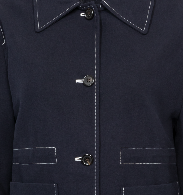 Image 3 of 3 - BLUE - THOM BROWN jacket in a relaxed silhouette with contrasting track stitching against a dark navy blue cotton-blend crepe. Features two front patch pockets,  internal drawstring waist, classic collar, front button fastening and a straight hem. Cotton 98%, Polyamide 2%. Made in Italy. 
