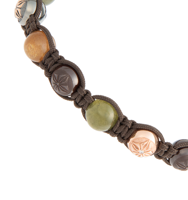 Image 2 of 2 - BROWN - Shamballa Jewels Braided Bracelet featuring an 18K rose gold lock with black rhodium plating, black and G/VS natural diamonds, green sapphires, light brown moonstones, brown ceramic beads, and a dusty brown braided cord. For personal consultation and detailed information about jewelry, please contact our dedicated stylist team at personalshopping@hirshleifers.com.This item may be restricted for online purchase to international clients. For assistance purchasing this item please contac 