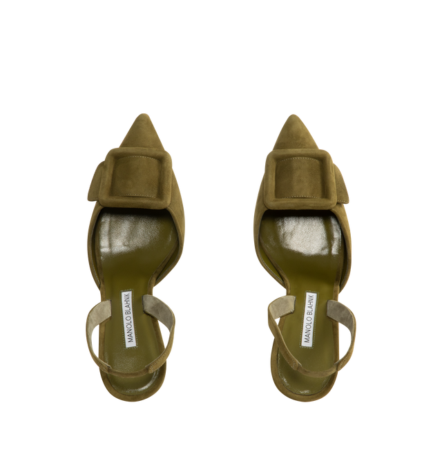 Image 4 of 4 - GREEN - MANOLO BLAHNIK Suede Buckle Detail Slingback Pumps with 2.7" stiletto heel, pointed toe with tonal buckle detail, leather lining and leather sole. Made in Italy. 