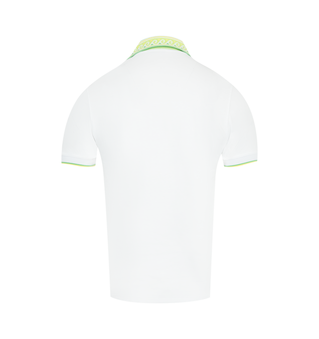 Image 2 of 2 - WHITE - CASABLANCA Laurel Pique Short Sleeve Polo Shirt featuring CC logo patch, Laurel detail knitted collar, a three-button placket closure, and interlocking CC logo corozo buttons. 100% organic cotton. Made in Portugal. 