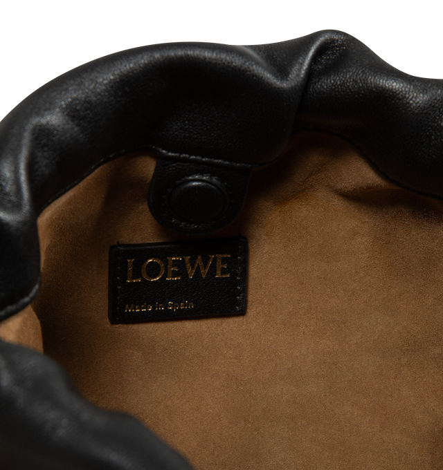 Image 3 of 3 - BLACK - LOEWE Mini Flamenco Purse featuring shoulder, crossbody or hand carry, detachable and adjustable leather strap, detachable donut chain adorned with an Anagram Pebble, discreet magnetic closure, suede lining and gold embossed LOEWE. 6.7 x 9.1 x 2.2 inches. Mellow nappa lambskin. 