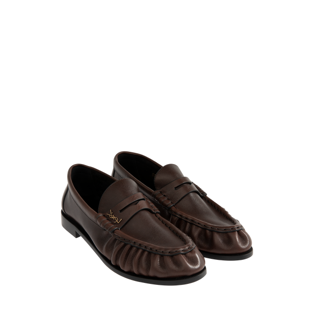 Image 2 of 4 - BROWN - SAINT LAURENT Le Loafer featuring supple penny loafers decorated with the cassandre, hand-stitched moc toe, metal-free tanned leather and leather sole. Calfskin. Made in Italy. 