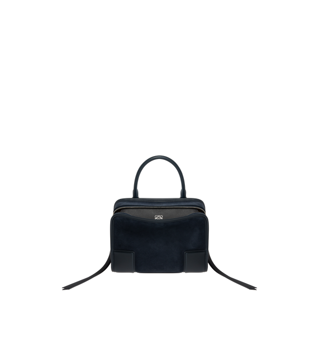Image 1 of 5 - NAVY - LOEWE Small Amazona 180 Bag in suede featuring a relaxed silhouette anchored by a single toron top handle, designed to be carried open, while a concealed closure secures the main compartment, three carry options: short handle, removable shoulder strap and crossbody, zip closure with two leather zip pullers, two compartments, main compartment closed with magnetic closure, internal flat pocket, left side d-ring for customization, suede and nappa lambskin lining, embossed LOEWE and emboss 