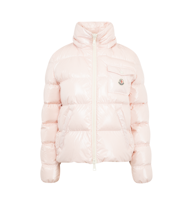 Image 2 of 4 - PINK - MONCLER Andro Hooded Short Down Jacket featuring nylon, longue saison lining, down-filled, detachable and adjustable hood, zipper closure, zipped pockets and elastic cuffs and hem. 100% polyamide/nylon. Padding: 90% down, 10% feather. Made in Romania. 