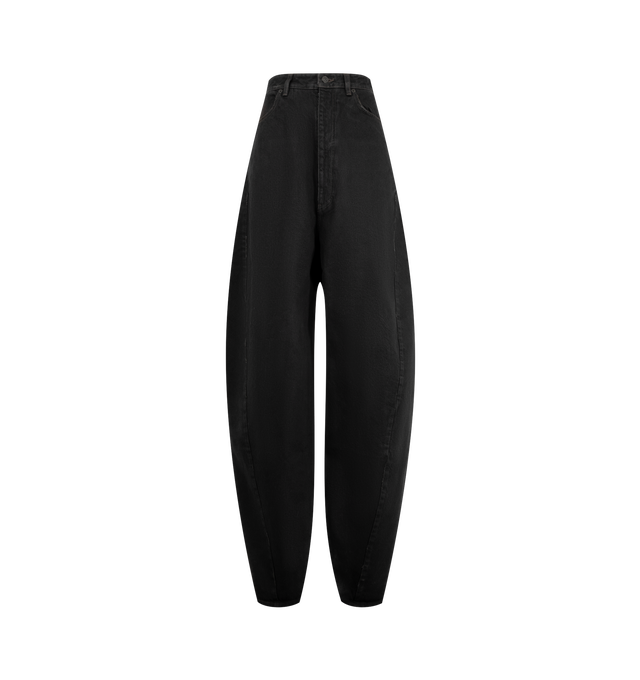 Image 1 of 3 - BLACK - Balenciaga Women's High Waist Barrel Twisted Seam Pants are crafted from organic Japanese denim and feature a barrel-leg silhouette with curved construction and twisted seams. Designed with a high-rise waist, distressed detailing, a covered button fly, six belt loops, two front slash pockets, and two open back pockets, these jeans are finished with Balenciaga-engraved buttons and a grey Balenciaga logo leather patch at the back. Main Material: 100% Cotton. Pocket Lining: 100% Cotton.  