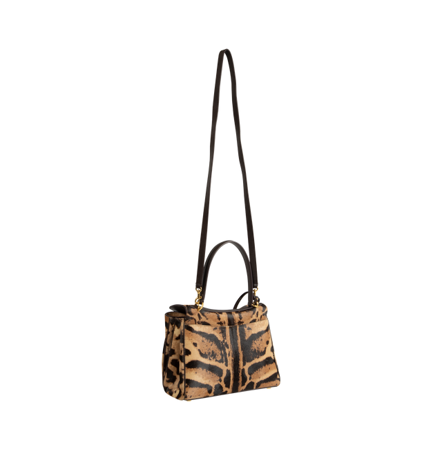 Image 2 of 3 - BROWN - Balenciaga Women's Rodeo Handbag Small is crafted from leopard-print pony hair calfskin and features a structured silhouette with a top handle, removable shoulder strap, aged-gold hardware, and a turn-lock closure. Functional details include a wide front pocket, one main compartment, one inner zip pocket, two flat back pockets, side snaps, four brass feet, and a removable cloche cls with two split rings. Main Material: Leopard-Print Pony Hair Calfskin. Lining: Contrasting Nappa Lambsk 