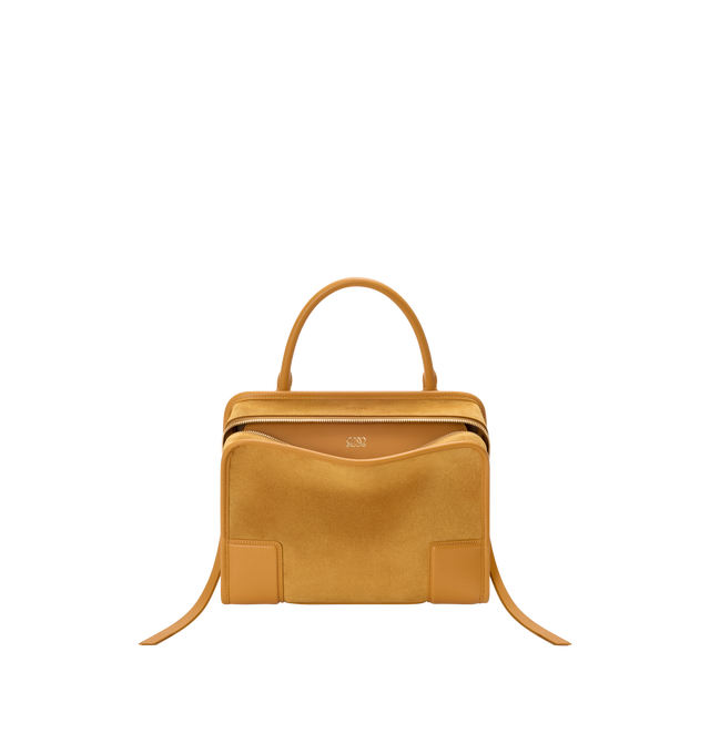 Image 1 of 16 - YELLOW - Loewe Women's Amazona 180 Medium Bag is crafted from suede and calf leather and features a relaxed silhouette with a single toron top handle, a concealed magnetic closure, and removable shoulder and crossbody straps. Designed with two compartments, an internal flat pocket, and a side D-ring for personalization, this versatile style can be carried by hand, over the shoulder, or crossbody. Suede lining and embossed LOEWE branding complete the design. Main Material: Suede/Calf Leather. 