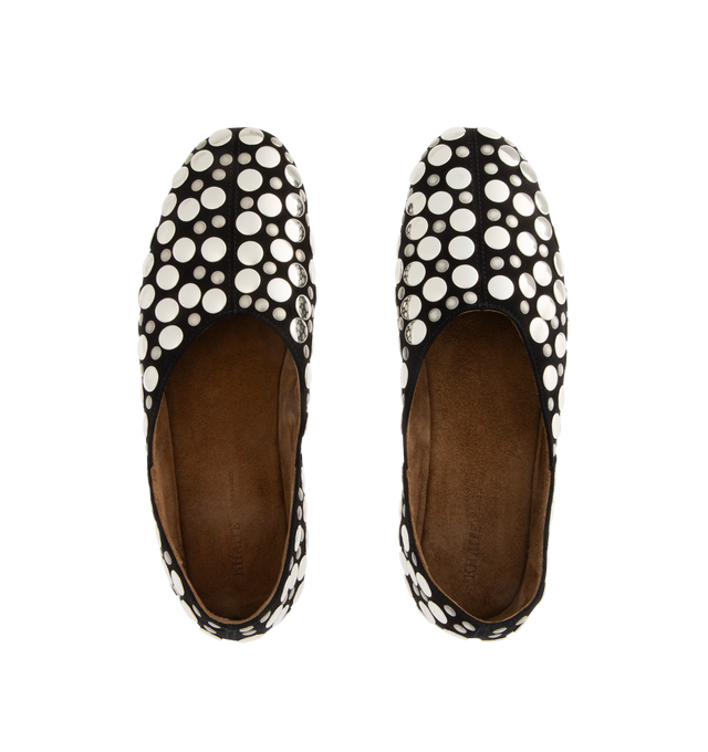 Image 4 of 4 - BLACK - KHAITE Jane Stud Flat featuring a slipper-like flat in velvety suede studded with mirror-polished palladium discs of varying sizes. Crafted in Italy with a padded insole for cloud-like comfort. 100% calf leather. Made in Italy. 