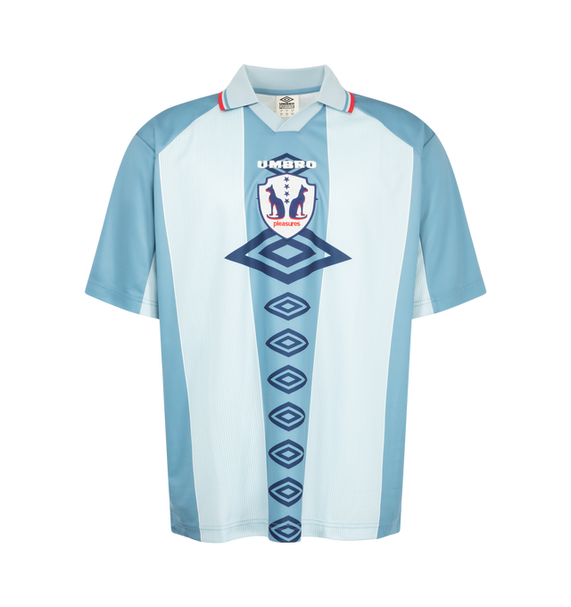 Image 1 of 2 - BLUE - Pleasures Men's Two Cats Jersey is crafted from lightweight polyester and features a classic soccer jersey silhouette. Designed with an allover sublimated graphic, the jersey is finished with embroidered detailing and a graphic patch at the center front for a signature branded touch. Main Material: 100% Polyester. 