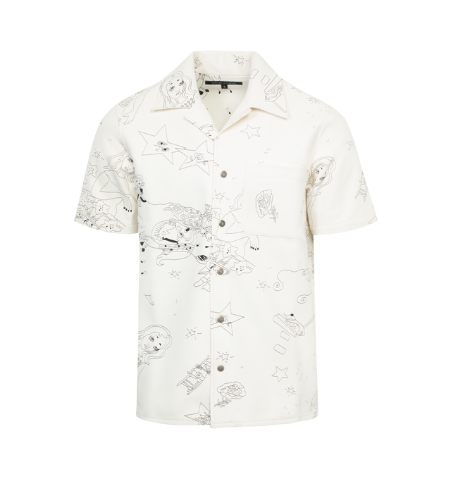 Image 1 of 2 - WHITE - COUT DE LA LIBERTE Robbie Princess Leather Bowling Shirt featuring notched collar, front button closure, chest patch pocket and short sleeves. 100% lambskin. Made in USA.