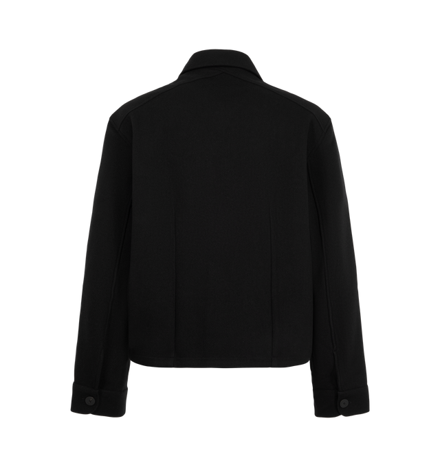 Image 2 of 2 - BLACK - Studio Nicholson Men's Kelver Jacket is crafted from heavy wool shirting fabric and features a contemporary interpretation of a classic military-inspired silhouette. Designed with a crossover yoke, two back darts, and a streamlined fit, this refined outerwear style balances utilitarian influences with precise tailoring. The dense, textured wool fabrication provides natural warmth and a softly structured handle, while the considered construction enhances the jacket's clean, slim profil 
