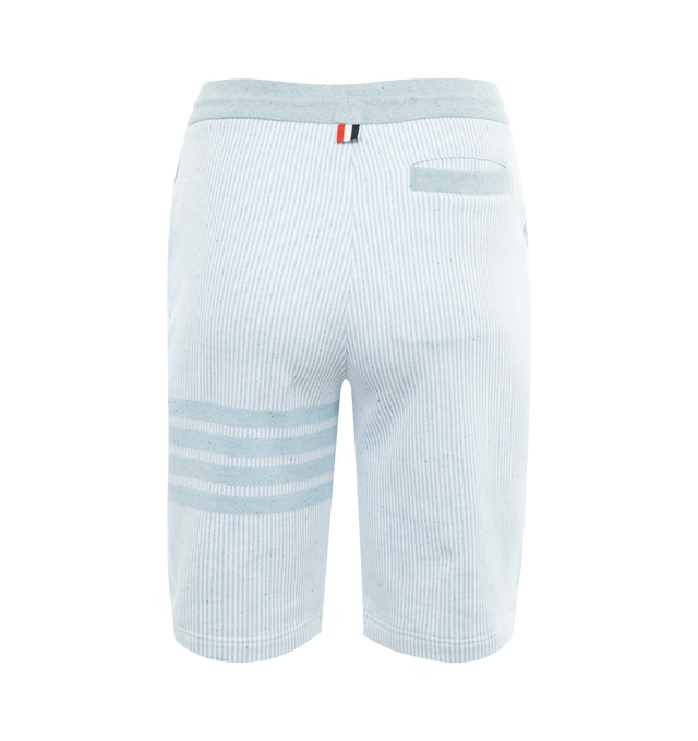 Image 2 of 3 - BLUE - THOM BROWNE Silk Flecked Sweatshorts featuring elastic waistband with drawstring, striped logo detail and two side pockets. 99% cotton, 1% silk. Made in Italy. 