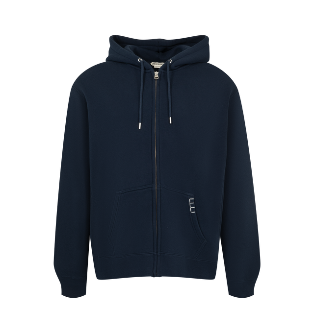 Image 1 of 2 - NAVY - JW Anderson Men's Front Zip Hoodie featuring a relaxed fit silhouette, an adjustable hood, kangaroo pocket, loafer stitch detailing and a ribbed hem and cuff. 100% cotton. Made in Portugal. 
