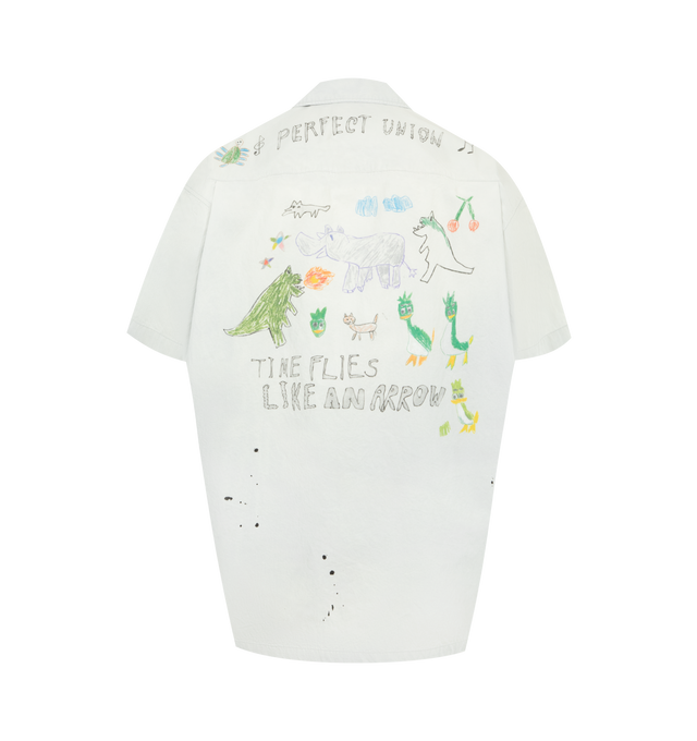 Image 2 of 3 - GREY - Maison Mihara Yasuhiro Men's Hand Drawing Short Sleeve Shirt is crafted from cotton and features an allover hand-drawn graphic print, a classic collar, button-down closure, short sleeves, and a relaxed silhouette for an artistic contemporary look. This designer short sleeve shirt combines lightweight comfort with Maison Mihara Yasuhiro's signature creative aesthetic, making it a standout piece for everyday styling. Main Material: 100% Cotton. Made in Japan. 