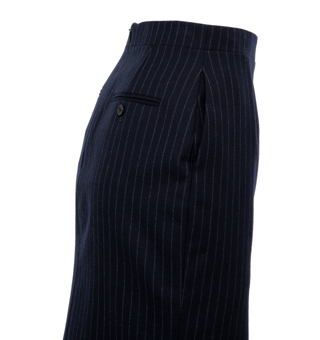 Image 3 of 5 - BLUE - SAINT LAURENT Metallic Pinstripe Wool Blend Skirt featuring slim-fitting knee-length silhouette, back zip closure, front slit and lined. 98% wool, 1% metallic fibers, 1% polyester. 