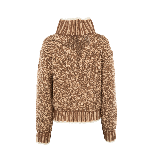 Image 2 of 2 - BROWN - MONCLER Wool Blend Turtleneck Sweater featuring wool and acrylic blend, stockinette stitch, gauge 1.5, turtleneck and striped trim. 70% virgin wool, 30% acrylic. 