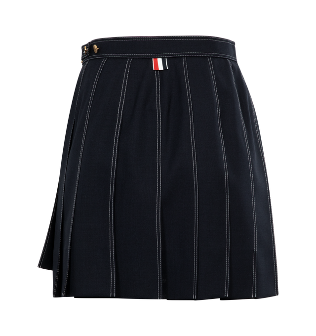 Image 2 of 2 - BLUE - THOM BROWNE Box pleat mini skirt is crafted from luxurious wool fabric, detailed with intricate contrast stitching, and tailored to perfection. Featuring side zip closure, dropped back hem and signature striped grosgrain loop tab. 100% Wool with 100% Cupro lining. 