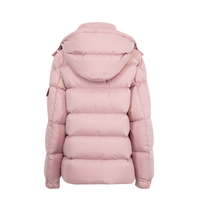 Image 2 of 3 - PINK - MONCLER Maya 70 Jacket featuring recycled longue saison, nylon lger brillant lining, down-filled, detachable and adjustable hood, zipper and snap button closure, zipped pockets, patch pocket on the sleeve, adjustable cuffs and hem with drawstring fastening. 100% polyester. Padding: 90% down, 10% feather. 