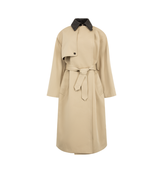 Image 1 of 2 - NEUTRAL - Bottega Veneta Womens Trench Coat is crafted from lightweight water-repellent cotton and features an Intrecciato leather collar. Designed in a regular fit, it is finished with a belted waist, button-front closure, and classic trench styling. Main Material: Lightweight Cotton; Collar: Intrecciato Leather. Made in Italy. 