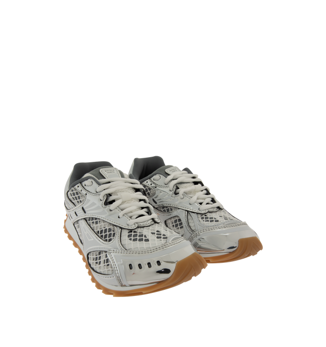 Image 2 of 5 - GREY - Bottega Veneta Orbit Sneaker featuring lace-up front, metallic rubber, mesh and fishnet panels, signature intrecciato weave and gripped soles. Rubber outsole. Made in Italy. 