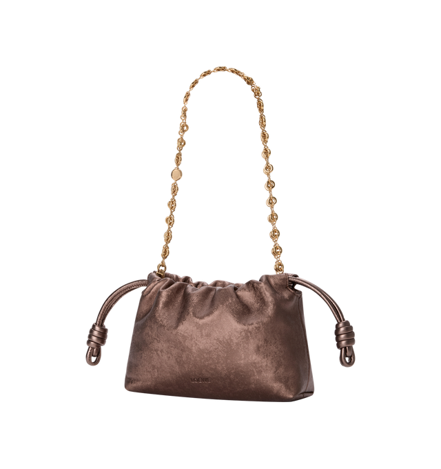 Image 2 of 4 - BROWN - LOEWE Mini Flamenco Purse in moir printed calfskin featuring a ruched shape and historical knot drawstrings, shoulder, crossbody or hand carry, detachable sliding donut chain with Anagram Pebble, magnetic closure, suede lining and embossed LOEWE. Moir printed calf. 14 cm x 21 cm x 8 cm. Made in Spain. 