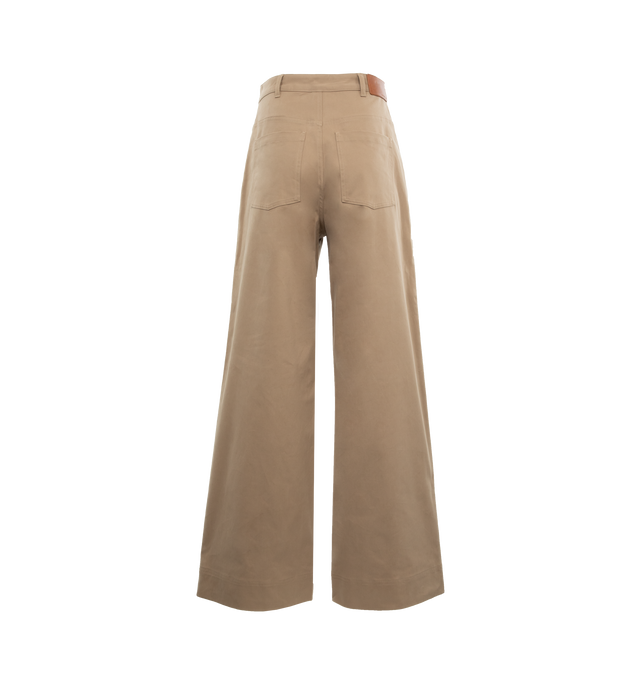Image 2 of 4 - BROWN - MONCLER Wide Leg Trousers featuring high waist, oversized front pockets, two back pockets, button zip closure, wide flare legs and belt loops. 100% cotton.  