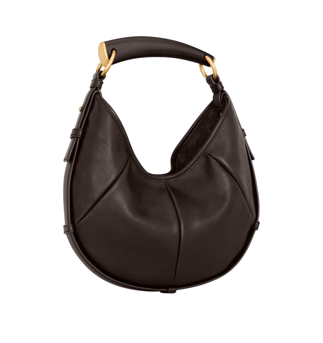 Image 2 of 3 - BROWN - SAINT LAURENT Mombasa Small Bag featuring padded calfskin lined in tonal suede, leather covered handle for hand carry, bronze-tone hardware and magnetic snap closure. 7.910.6" x 6.18.9" x 1". Handle drop: 4.9". Calfskin. Made in Italy.  