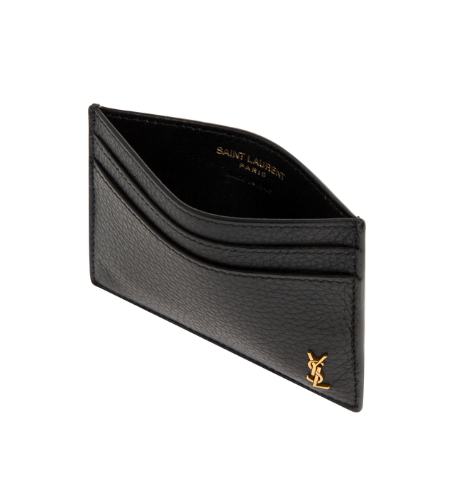Image 3 of 3 - BLACK - SAINT LAURENT Tiny Cassandre Card Case featuring bronze-tone hardware and five card slots. 4.1" x 2.9" x 0.1". Calfskin. Made in Italy. 