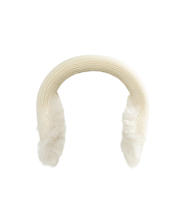 Image 1 of 2 - CREAM - Moncler Ribbed-Knit Furry Earmuffs feature a cream-colored, padded headband wrapped in 100% virgin wool alongside plush, tactile faux-fur 100% polyester ear warmers. 
