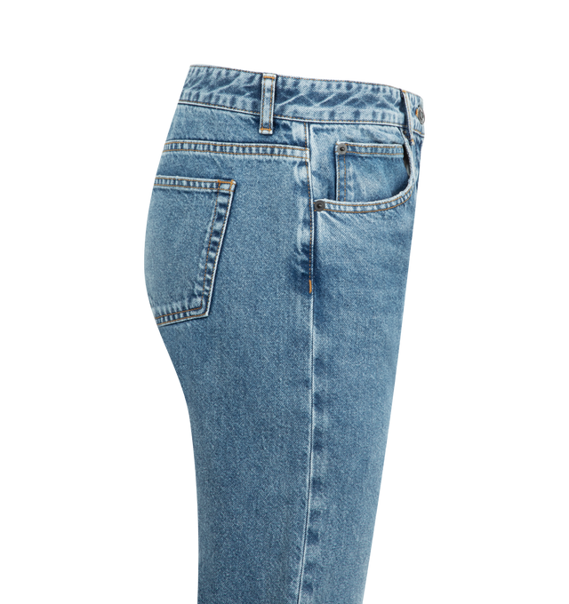 Image 3 of 3 - BLUE - THE ROW Riaco Jean in cotton featuring mid-rise jean with slim fit, contrast topstitching and classic 5-pocket construction. 100% cotton. Made in Japan. 