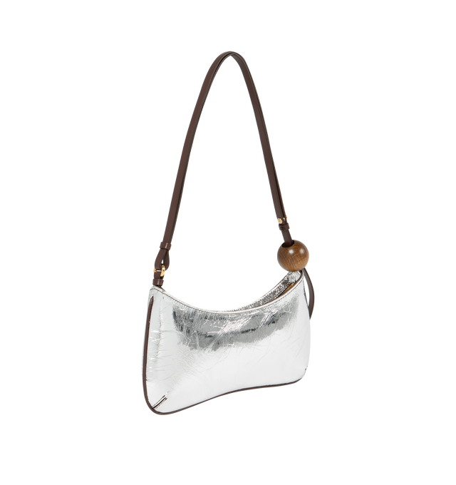 Image 2 of 3 - SILVER - Jacquemus Le Bisou Perle Shoulder Bag has a zipper closure, an adjustable buckle leather strap, bead details, metal hardwate, and an interior patch pocket. 100% cowskin. Made in Italy. 