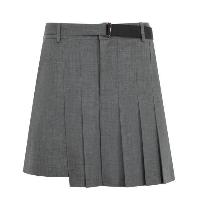 Image 1 of 3 - GREY - Sacai pleated suiting shorts in an above-knee length with asymmetric hemline and built-in adjustable belt. Outer fabric is 70% polyester / 30% wool with 100% cupro lining. Made in Japan. 