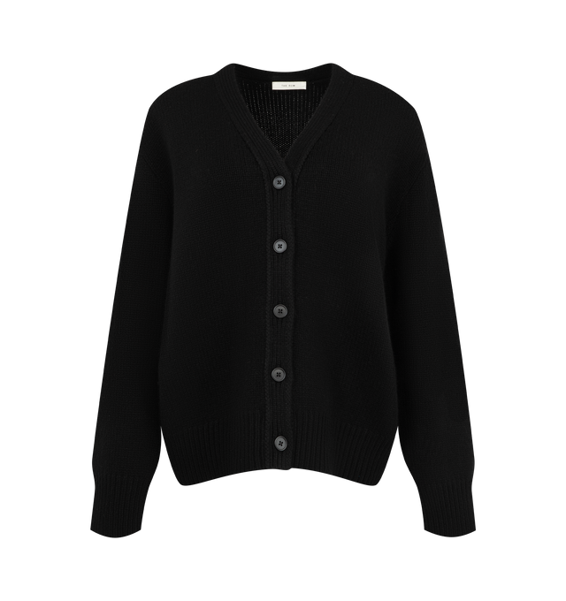 Image 1 of 2 - BLACK - The Row Women's Pranavi Cardigan is crafted from textured cashmere and features a slightly oversized silhouette with a classic V-neckline, front button closure, and ribbed trims at the neckline, cuffs, and hem. This designer cashmere cardigan combines exceptional Italian craftsmanship with rich three-ply cashmere yarn for luxurious warmth, depth, and softness, creating a timeless layering piece with effortless sophistication. Main Material: 100% Cashmere. Made in Italy. 