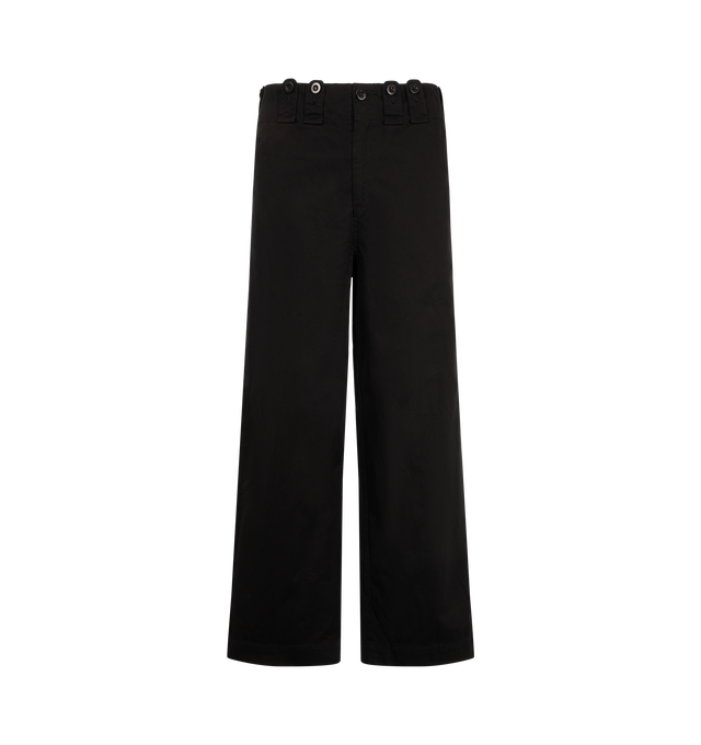 Image 1 of 3 - BLACK - Junya Watanabe Men's Trouser Button Pants feature a tailored trouser-inspired silhouette with distinctive oversized button-tab detailing at the waistband. Designed with a clean, structured profile and utilitarian influences, the style reflects the brand's signature approach of blending classic menswear tailoring with innovative design elements. Main Material: 100% Cotton. Made in Japan. 