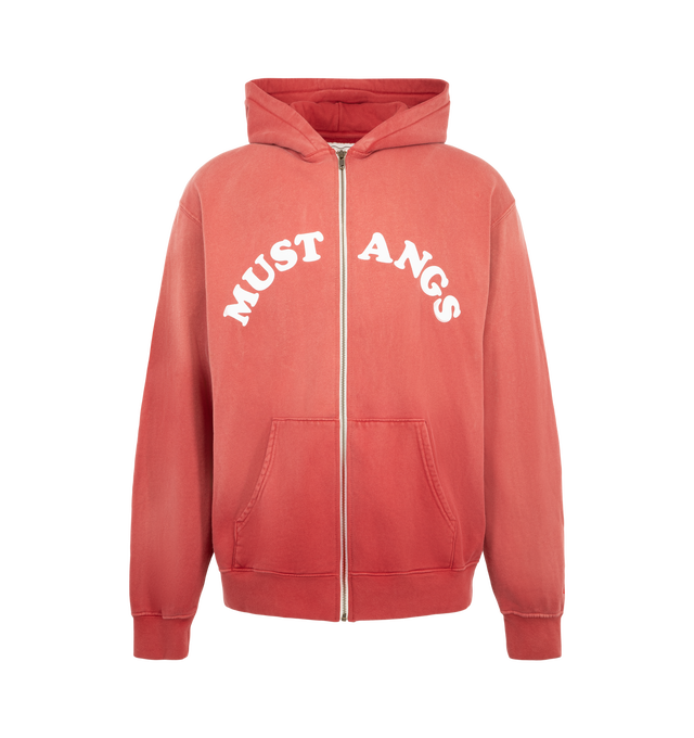 Image 1 of 3 - RED - One Of These Days Men's Good Luck Mustangs Zip Up Hooded Sweatshirt is crafted from premium USA-knit fabric and features a full-zip front closure, an adjustable hood, and a classic everyday silhouette. Cut and sewn in the USA, this essential sweatshirt is pre-shrunk to maintain a consistent fit from the first wear. Main Material: Cotton Knit. Made in the USA. 