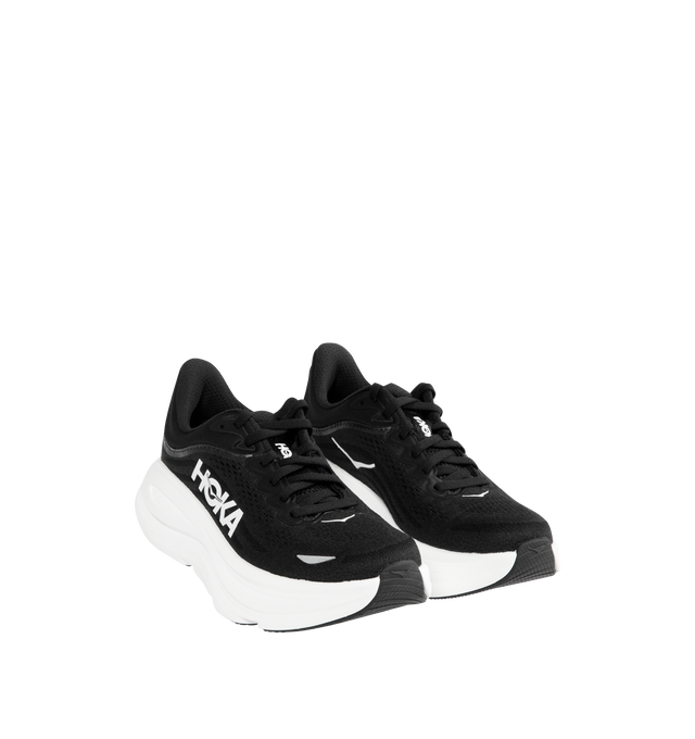 Image 2 of 5 - BLACK - HOKA W Bondi 9 Sneaker featuring performance mesh upper, cushioned collar and tongue, removable contoured insole, supportive midsole, textile lining, lace-up closure, round toe and rubber sole. 
