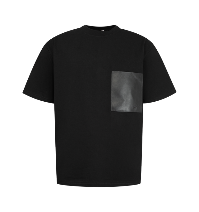 Image 1 of 2 - BLACK - Bottega Veneta Mens Cotton Jersey T-Shirt is crafted from lightweight prima cotton jersey material with house embroidery on the leather chest pocket. Features a relaxed fit, crew neckline, and short sleeves. Main Material: 100% Cotton; Pocket: Leather. Made in Italy. 