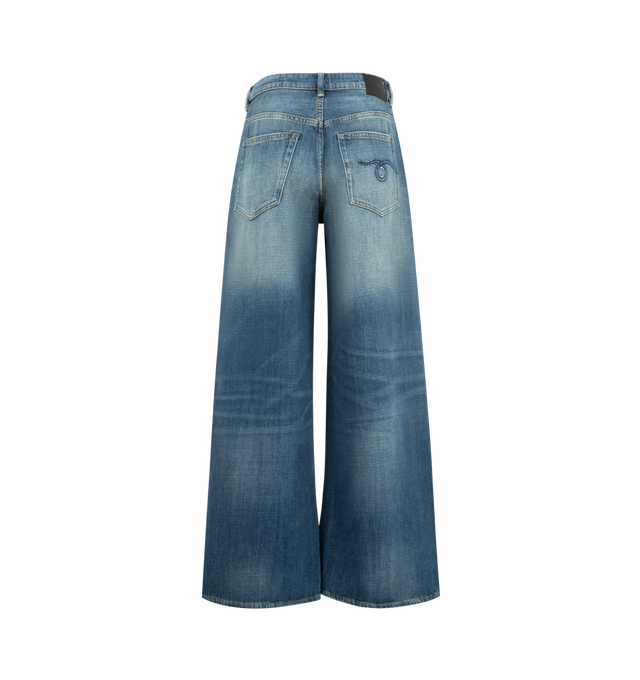 Image 2 of 3 - BLUE - R13 Nico Wrap Jeans featuring wrap silhouette at waist, snap and button closure, 5-pocket styling and wide leg. 100% cotton. Made in Italy. 