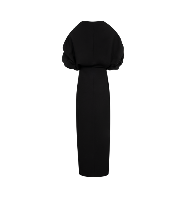 Image 2 of 2 - BLACK - Khaite dress presenting a sensual new interpretation of suiting topped with a draped v-neck and cloud-like volume. Wrap front secured by silver button closure. Soft viscose suiting (75% viscose, 25% polyamide). 