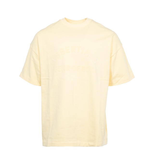 YELLOW - FEAR OF GOD ESSENTIALS Crewneck T-Shirt featuring rib knit crewneck, logo bonded at front, dropped shoulders, dolman sleeves and rubberized logo patch at back. 100% cotton. Made in Viet Nam.