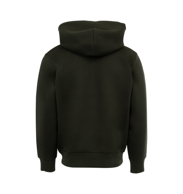 Image 2 of 3 - GREEN - Moncler Logo Patch Neoprene Hoodie has an attached drawstring hood, a signature logo patch, a kangaroo pocket, and ribbed trims. 55% cotton, 45% polyester. Made in Turkey.  