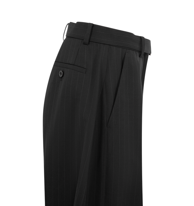 Image 3 of 3 - BLACK - SACAI Chalk Stripe Pants featuring wide-leg pinstripe pants, front and back pleats, back buttoned welt pockets and an attached belt with Sacai branded hardware. 70% polyester, 30% wool. Made in Japan. 