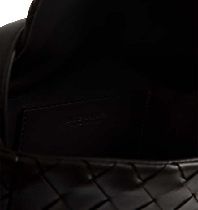 Image 3 of 3 - BLACK - BOTTEGA VENETA Intrecciato Mini Bag With Flap featuring intrecciato calfskin leather mini bag, adjustable and detachable top handle and cross-body strap, one main compartment, one flat inside pocket and flap closure. Calfskin. Lining: nappa. Made in Italy.   