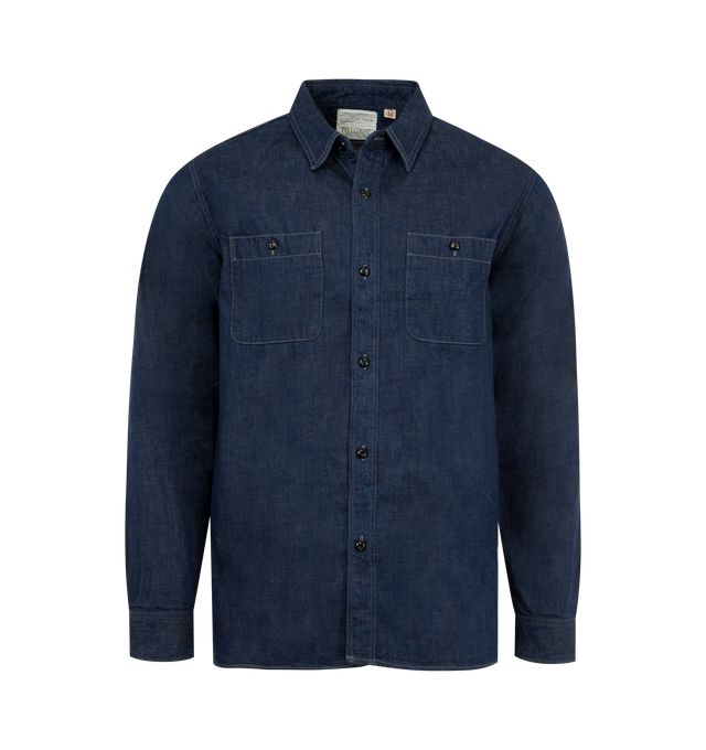 Image 1 of 2 - NAVY - Full Count 4890 Denim Workshirt has a button front closure,button  chest pockets, and side adjuster straps. 100% Zimbabwean cotton. Made in Japan.  