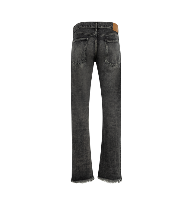 Image 2 of 3 - BLACK - SEEKINGS Slim Jeans featuring vintage wash with distressing throughout, 5 pocket styling, button fly, mid rise, slim leg, raw cut hem, leather patch on back of waistband and logo engraved hardware. 100% cotton. Made in Japan. 