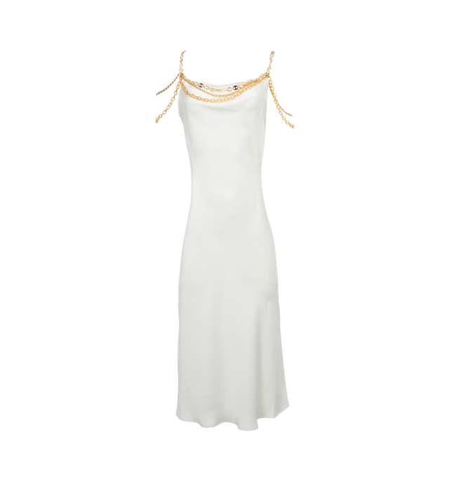 WHITE - RABANNE Chain-Detailed Mini Dress featuring two chain-link shoulder straps, cowl neck, sleeveless, below-knee length and straight hem. 100% polyester.